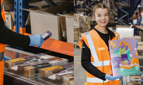 GXO employee in a warehouse holding an Avon advent calendar and image showing packaged beauty products.