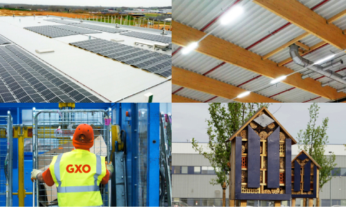 Camille Allard Combination of 4 images showing solar panels, warehouse led lighting, recycling at GXO and a beehive